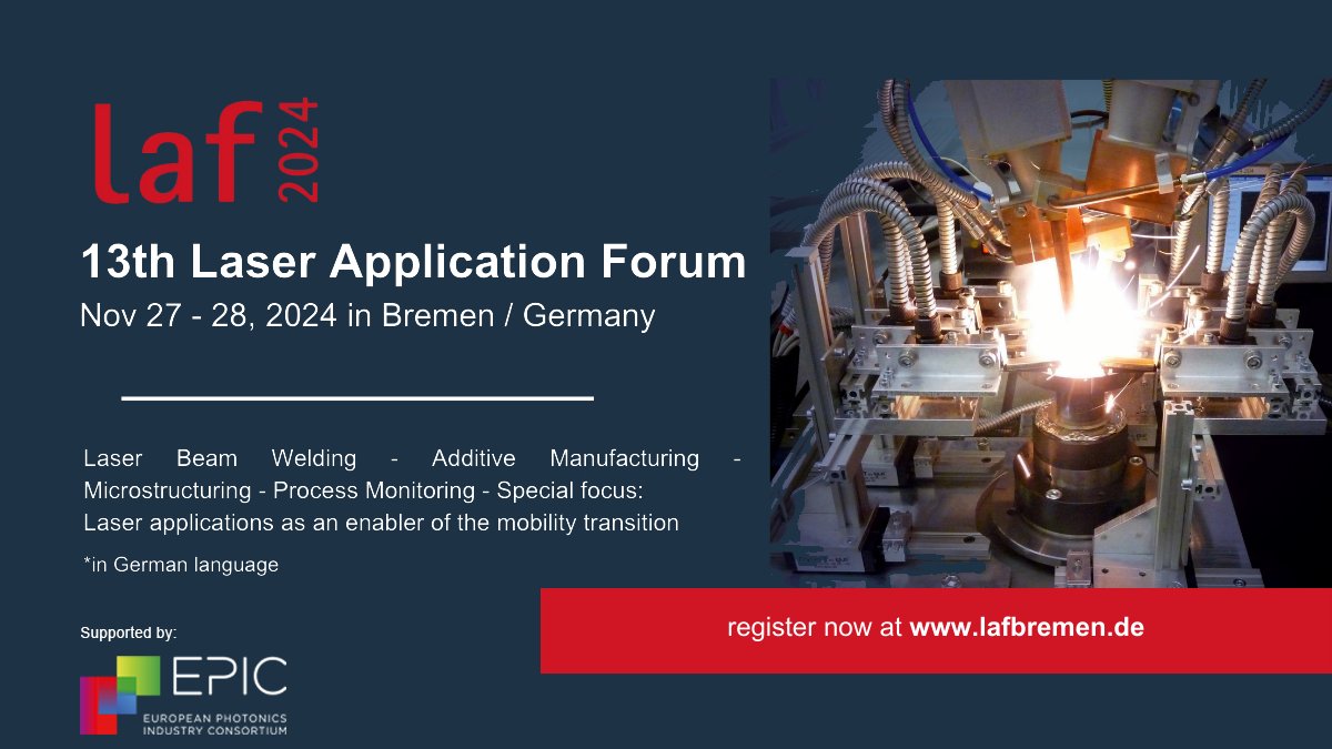 EPIC_photonics's tweet image. 🚀 EPIC is happy to support the Laser Anwender Forum 2024, happening 27-28 November in Bremen where you can explore the latest trends and innovations in laser technology!

Register: lafbremen.de 
(German is main language)

#EPICsupports #LAF2024 #LaserTech #Innovation