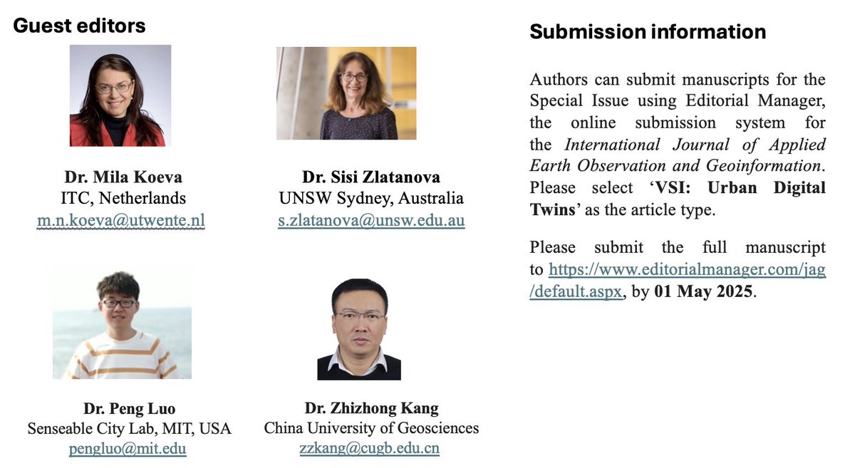 We （Mila Koeva, Sisi Zlatanova ,Zhizhong Kang ) are organizing a special issue on Digital Twins in the International Journal of Applied Earth Observation and Geoinformation (JAG).

sciencedirect.com/special-issue/…