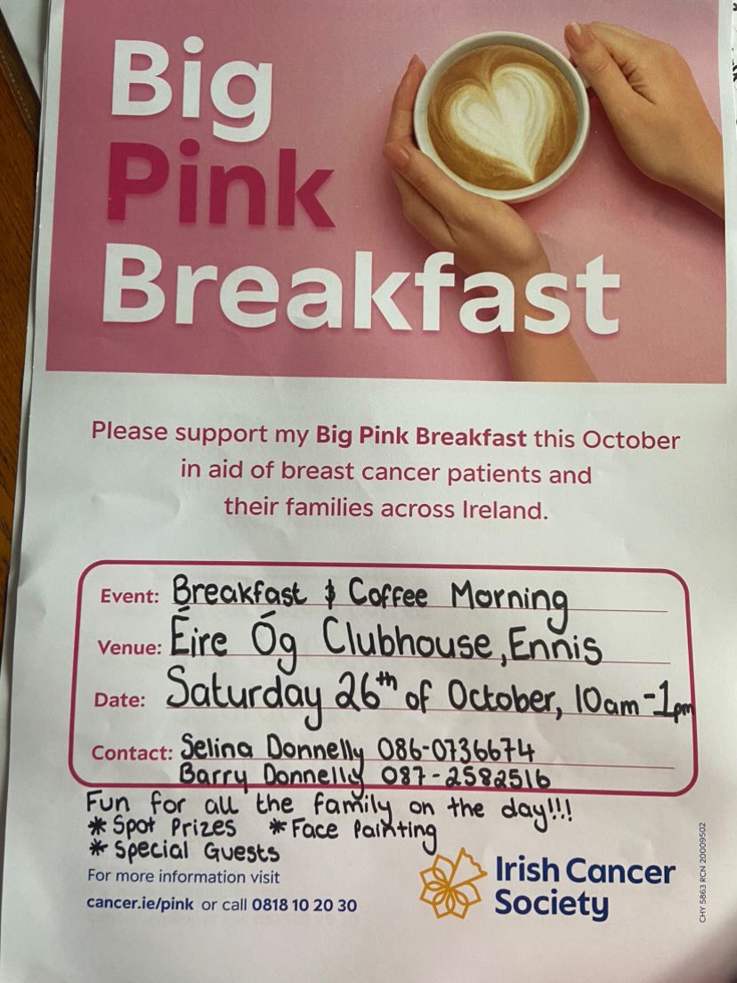 If your around <a href="/CLGEireOgInis/">CLG Éire Óg Inis</a> tomorrow morning make sure you pop in to support <a href="/SelDol1/">Selina</a> BIG Pink Breakfast in aid of  <a href="/IrishCancerSoc/">Irish Cancer Society</a> !!