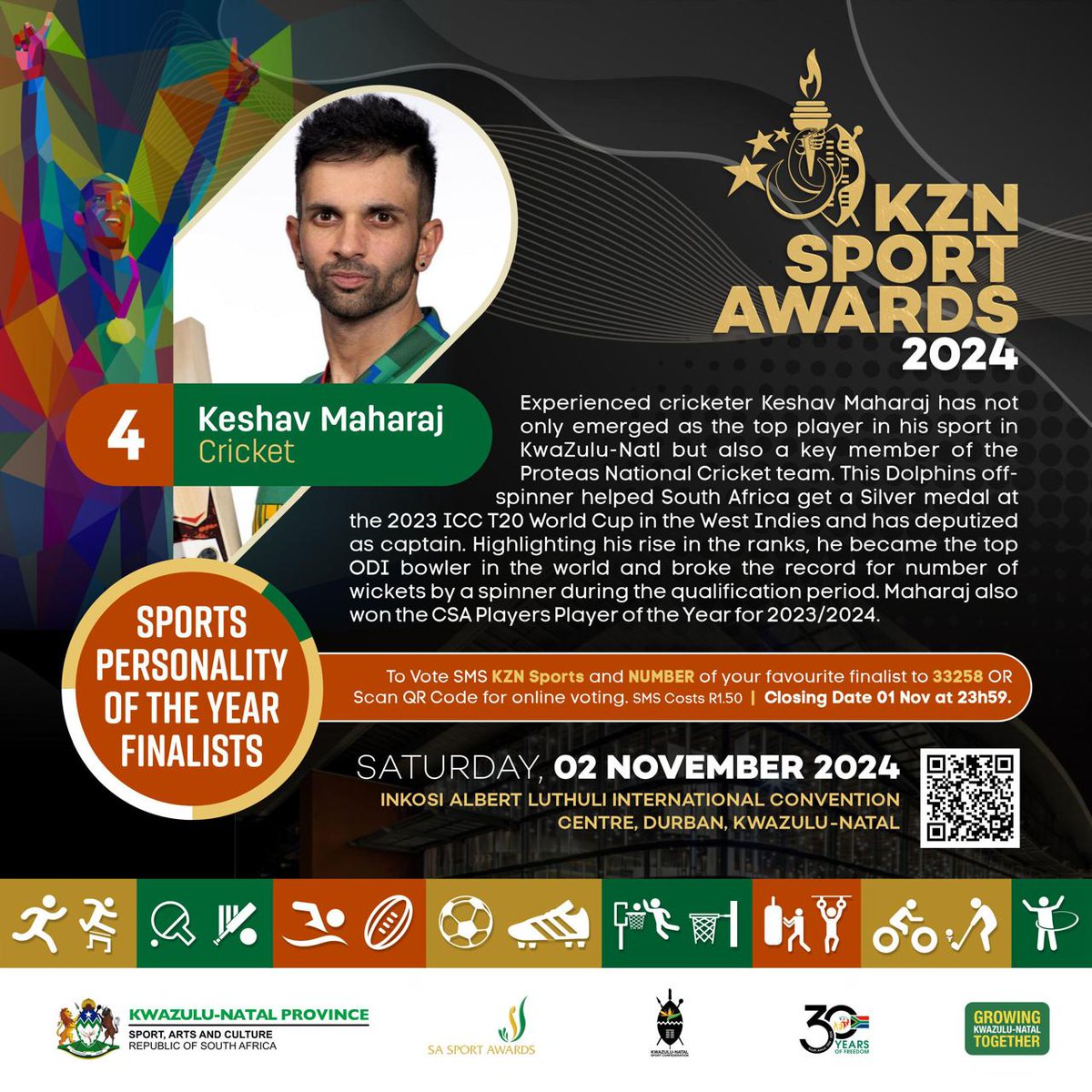 #kznsportawards
Keshav Maharaj is both a Protea and a Dolphin.Definately a rare talent. VOTE for Keshav Maharaj on 33258 or scan the QR code. #kznsportsawards#30yearsofexcellence #ezemidlalo