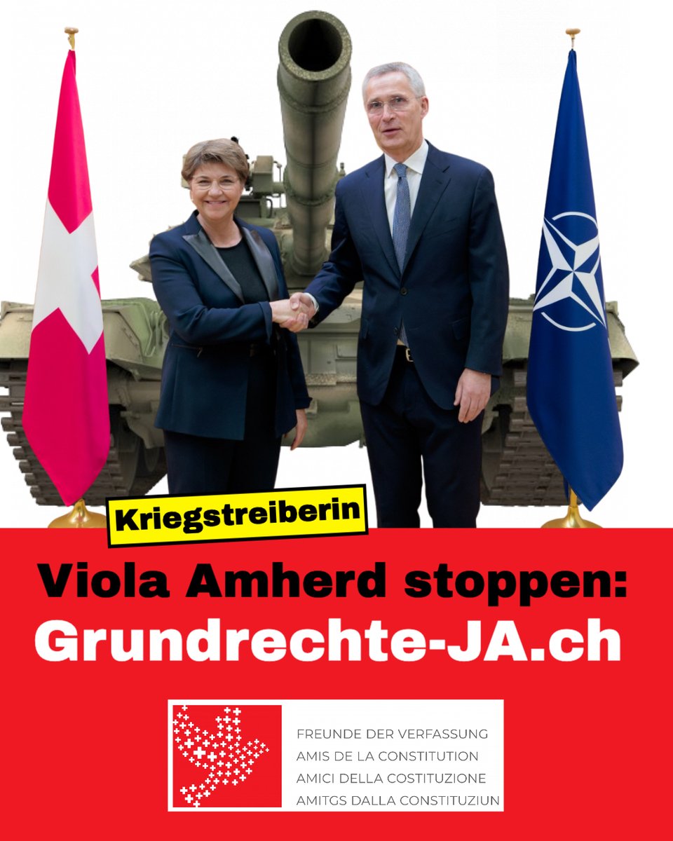 Fd_Verfassung's tweet photo. Viola Amherd will die Schweiz an die Nato anbinden und zur Kriegspartei machen! Wer die Neutralität verteidigen will, unterschreibt unsere Volksinitiative: https://t.co/O2fKNEEr2i. Link in der Bio. 

#ViolaAmherd #FriedenJETZT #Neutral #Schweiz #Verfassungsfreunde #Grundrechte https://t.co/7CkTsbMDeh