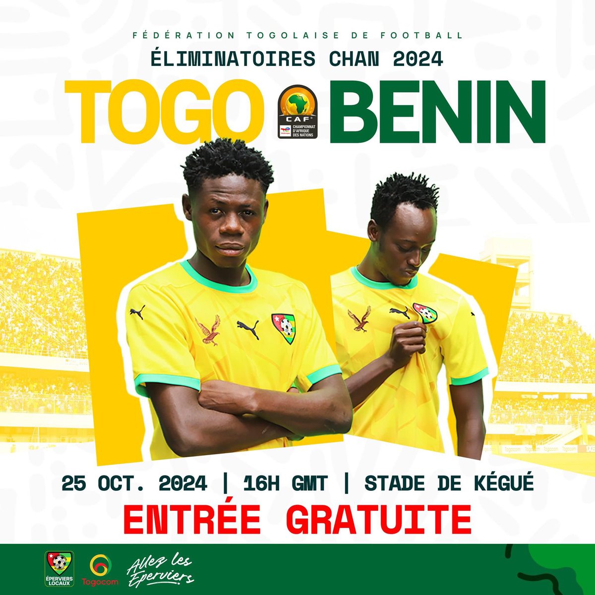 Chers #Éperviers_locaux,

Aujourd’hui commence une nouvelle aventure pour vous.
Rendez-la belle et donnez de la joie au peuple togolais🇹🇬 dont le soutien est inconditionnel.
Tous au stade cet après-midi pour pousser nos ambassadeurs du terroir à la victoire.
<a href="/GouvTg/">Gouvernement Togolais/Togolese Government</a>
<a href="/FtfTogolaise/">FTF-Fédération Togolaise de Football</a>