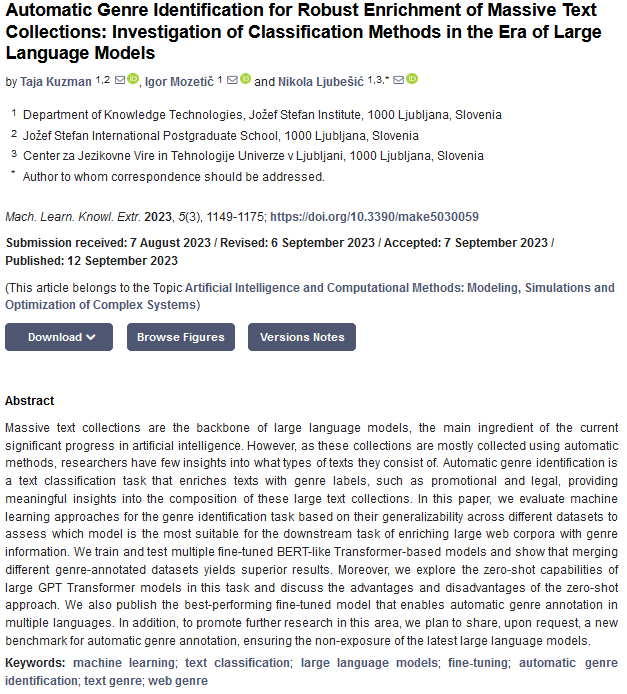 📖 This paper investigates methods for #automatic genre #identification within massive #text collections, which are essential for training #largelanguagemodels.  

By Taja Kuzman, Igor Mozetič and Nikola Ljubešić

🔎 mdpi.com/2504-4990/5/3/…