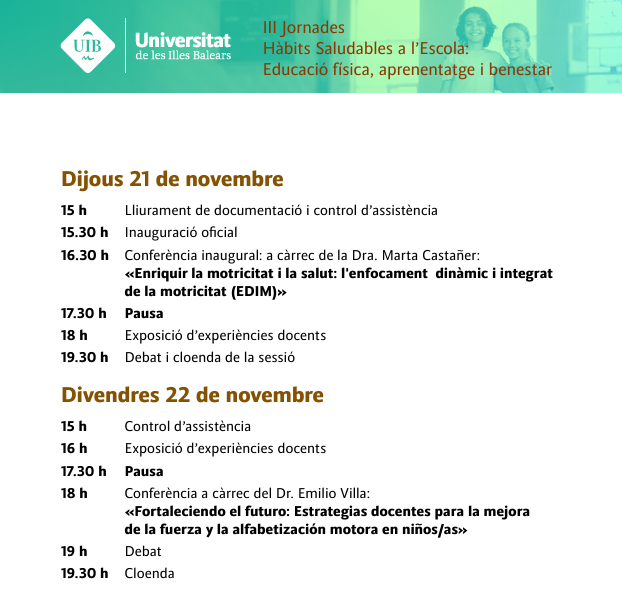 gicafeUIB's tweet photo. 📢Obertes les inscripcions per les III Jornades d'Hàbits Saludables a l'Escola  

🤸Activitat de franc!  

📢Places limitades

Formació reconeguda per la Conselleria‼️

@EducacioUIB @IRIEinstitut @EDUN_IB 

Inscripcions⬇️
https://t.co/Y08rpeUuxR https://t.co/ezh7yzErhj