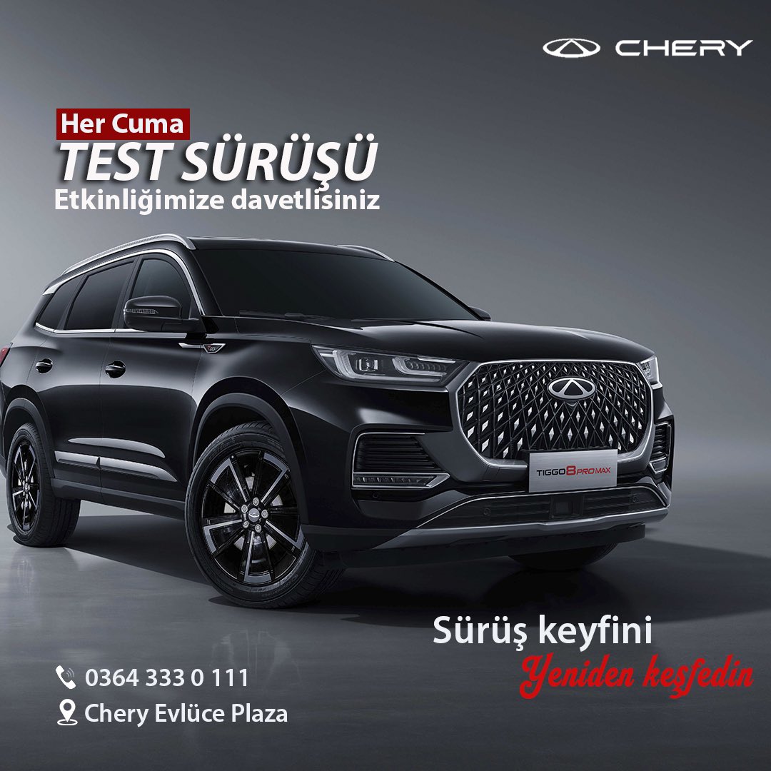 Her Cuma Test sürüşü etkinliğimizde buluşalım, En yeni Chery modellerini deneyimlemek ve bu özel etkinliğe katılmak için sizi showroom'umuza davet ediyoruz
#Chery #TestSürüşü #EvlücePlaza #evlücegrup #chery_türkiye #teknolojiksuv #TIGGO8PROMAX #TIGGO7PROMAX #OMODA5PRO