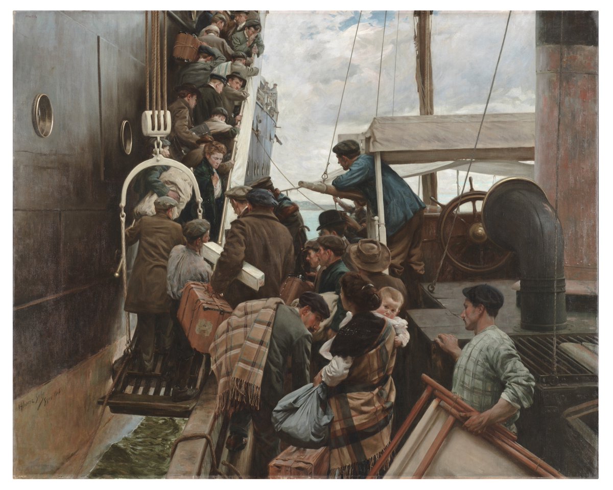 Montecoya's tweet photo. Emigrantes (Ventura Álvarez Sala, 1908)
(en el Museo del Prado)
Una pintura impresionante que nos recuerda quiénes somos, por si se nos ocurre olvidarlo. La imagen representa a nuestros abuelos saliendo del puerto de Gijón. https://t.co/frAPahPq6r