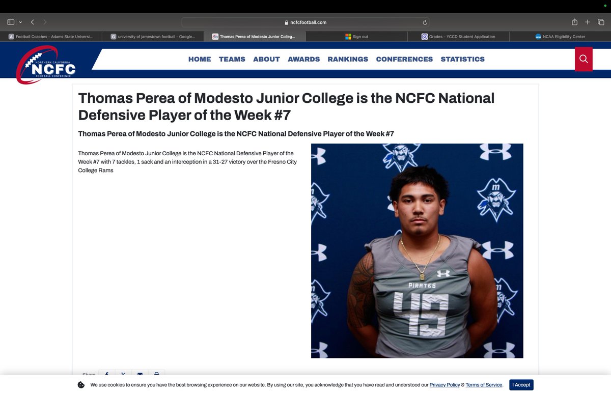 Thomas James perea Jr. (@tommy_perea26) on Twitter photo Thankful to be the NCFC National Defensive Player of the week #7!
<a href="/CoachAbbasi/">Coach Abbasi</a> <a href="/MJCFootball/">MJC Football</a> Thankful to be the NCFC National Defensive Player of the week #7!
<a href="/CoachAbbasi/">Coach Abbasi</a> <a href="/MJCFootball/">MJC Football</a>