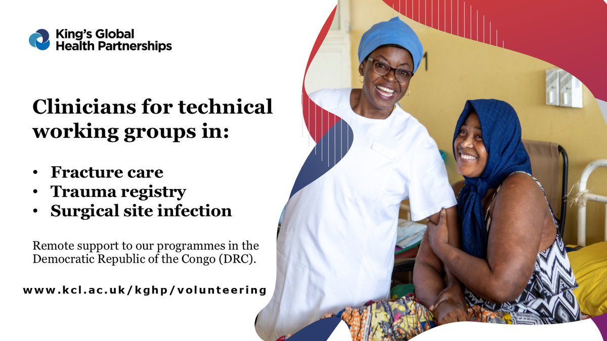 📢New volunteer opportunities📢
We are recruiting experts to join three of our technical working groups in the UK, supporting health partners in the DRC to develop fracture care, a trauma registry and safe surgery programme of work. Learn more and apply⬇️
kcl.ac.uk/kghp/volunteer…