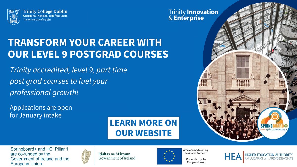 TCDPortal's tweet image. Did you know that you can get a Postgraduate in Trinity College @tcddublin for free or less than €380?
Our postgraduate courses are part-time, Level 9 Certificates designed to accommodate working professionals, held online and in-person. Learn more at hubs.la/Q02RdXFR0
