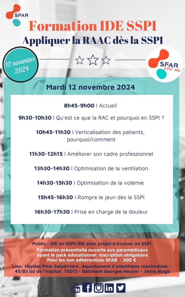 SFAR Anesthésie Réanimation (@sfar_org) on Twitter photo 🗓️ Le 12 novembre, assistez à la formation RAAC en SSPI à Paris !
🚨 Dernières places disponibles
✍ Inscription ➡️ sfar.org/evenement/form…
<a href="/contactfnir/">Fédération Nationale des Infirmiers de Réanimation</a> <a href="/fnasapr/">FNASAPR</a> <a href="/SNIA75/">SNIA : Syndicat Nal des #IADE</a> @IADE_de_France <a href="/SFARJeunes/">SFAR Jeunes</a> <a href="/AJARFrance/">AJAR France 🇫🇷</a> <a href="/SNPHARE/">SNPHARE</a> <a href="/SNJeunesAR/">Syndicat National des Jeunes Anesth-Réa</a> <a href="/SyndicatSnarf/">SNARF</a> <a href="/cnear_fr/">CNEAR Anesthésie Réanimation</a> <a href="/ISNItwit/">ISNI - InterSyndicale Nationale des Internes</a> 🗓️ Le 12 novembre, assistez à la formation RAAC en SSPI à Paris !
🚨 Dernières places disponibles
✍ Inscription ➡️ sfar.org/evenement/form…
<a href="/contactfnir/">Fédération Nationale des Infirmiers de Réanimation</a> <a href="/fnasapr/">FNASAPR</a> <a href="/SNIA75/">SNIA : Syndicat Nal des #IADE</a> @IADE_de_France <a href="/SFARJeunes/">SFAR Jeunes</a> <a href="/AJARFrance/">AJAR France 🇫🇷</a> <a href="/SNPHARE/">SNPHARE</a> <a href="/SNJeunesAR/">Syndicat National des Jeunes Anesth-Réa</a> <a href="/SyndicatSnarf/">SNARF</a> <a href="/cnear_fr/">CNEAR Anesthésie Réanimation</a> <a href="/ISNItwit/">ISNI - InterSyndicale Nationale des Internes</a>