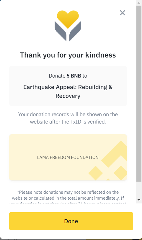 Lama_CTO's tweet photo. Dear Community Members:
LAMA Freedom Foundation has made its first donation. 📢

Donation Recipient: People injured in the earthquake in Turkey and Syria
Donation Channel: Binance Chairty
Donation Amount: 5 $BNB
Donation hash: 0x0c07abb01977358bd54ca68370d54dbd13005708619dbf208608129595a70cc6

To spread Lama Spirit, We’ll provide 1 $BNB as a reward! 💰 10 winners! What you can do?

1️⃣ Basic: Follow + RT + Tag @3 friends in the comments
2️⃣ Advanced: Share this tweet to other communities groups
3️⃣ Professional: We welcome you to post a tweet to help promote Lama, remember to @lama_cto

⚠️ Leave your proof in the comments section. I’ll choose from that, Let’s make the world warmer together! 

#Lama #Binancecharity #BSC #BNB #airdrop #Giveaway