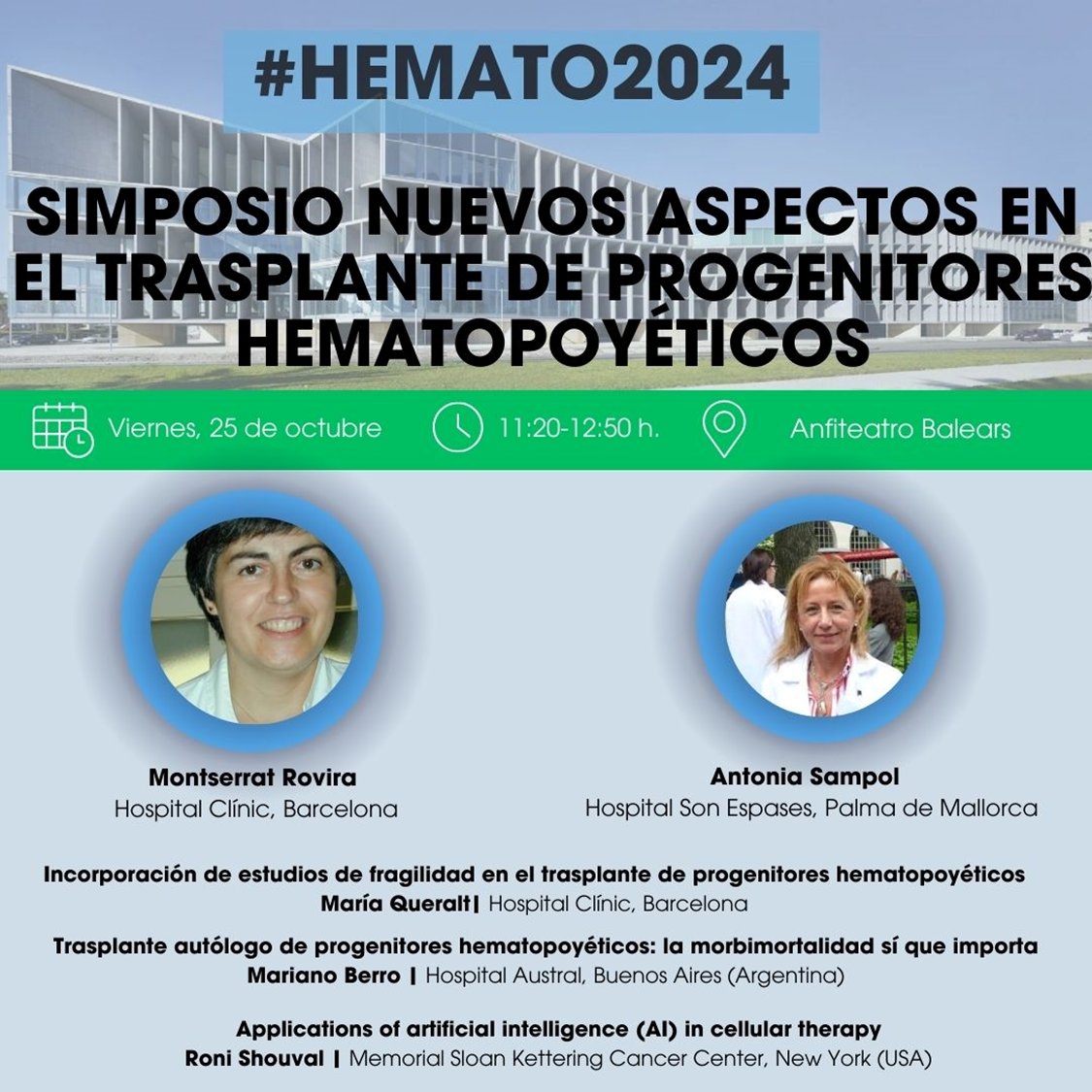 @sehh_es (@sehh_es) on Twitter photo #Hemato2024 | Montserrat Rovira Terrats, del <a href="/hospitalclinic/">Hospital Clínic</a>, junto con <a href="/MayolSampol/">Antonia Sampol Mayol</a>, de <a href="/SonEspases/">HU Son Espases</a> van a moderar esta mañana el simposio sobre nuevos aspectos en el trasplante de progenitores hematopoyéticos. 👇
🕛11:20-12:50
📌Anfiteatro Balears
#SEHHematología #hematología #Hemato2024 | Montserrat Rovira Terrats, del <a href="/hospitalclinic/">Hospital Clínic</a>, junto con <a href="/MayolSampol/">Antonia Sampol Mayol</a>, de <a href="/SonEspases/">HU Son Espases</a> van a moderar esta mañana el simposio sobre nuevos aspectos en el trasplante de progenitores hematopoyéticos. 👇
🕛11:20-12:50
📌Anfiteatro Balears
#SEHHematología #hematología
