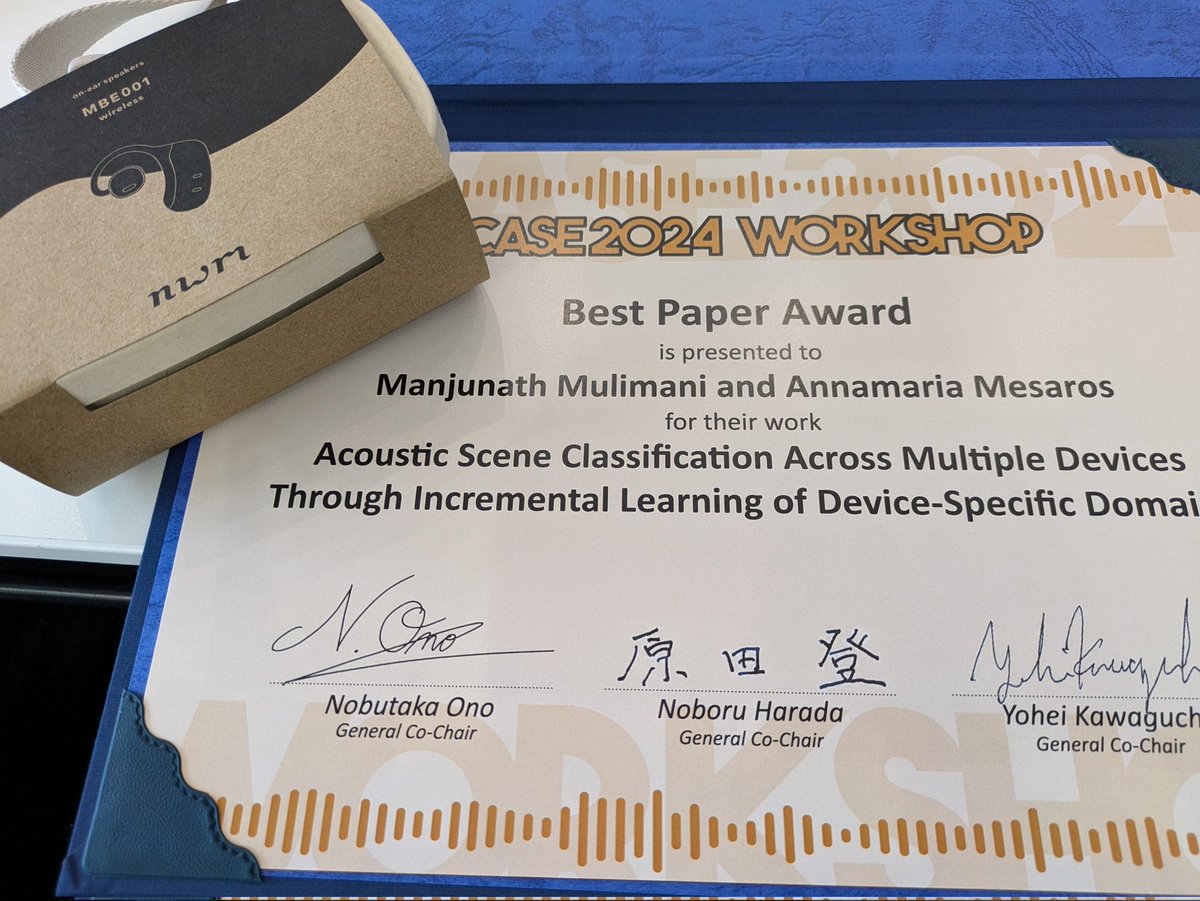 Annamaria Mesaros (@annamariamsros) on Twitter photo Surprise of the day. <a href="/smanjunathm/">Manjunath Mulimani</a> and I got the best paper award in <a href="/DCASE_Workshop/">DCASE Workshop</a>! The work was funded by Jane and Aatos Erkko Foundation. Surprise of the day. <a href="/smanjunathm/">Manjunath Mulimani</a> and I got the best paper award in <a href="/DCASE_Workshop/">DCASE Workshop</a>! The work was funded by Jane and Aatos Erkko Foundation.
