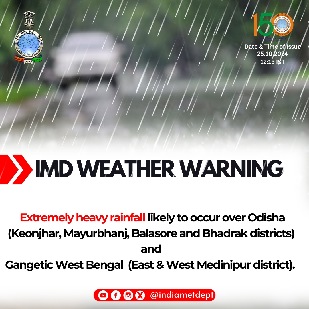 Extremely heavy rainfall likely to occur over Odisha (Keonjhar, Mayurbhanj, Balasore and Bhadrak districts) and Gangetic West Bengal (East &amp; West Medinipur district).

#heavyrainfall #imdweatherupdate #imd #weather #odisha #westbengal 

<a href="/moesgoi/">MoES GoI</a> <a href="/ndmaindia/">NDMA India | राष्ट्रीय आपदा प्रबंधन प्राधिकरण 🇮🇳</a> <a href="/airnewsalerts/">All India Radio News</a>