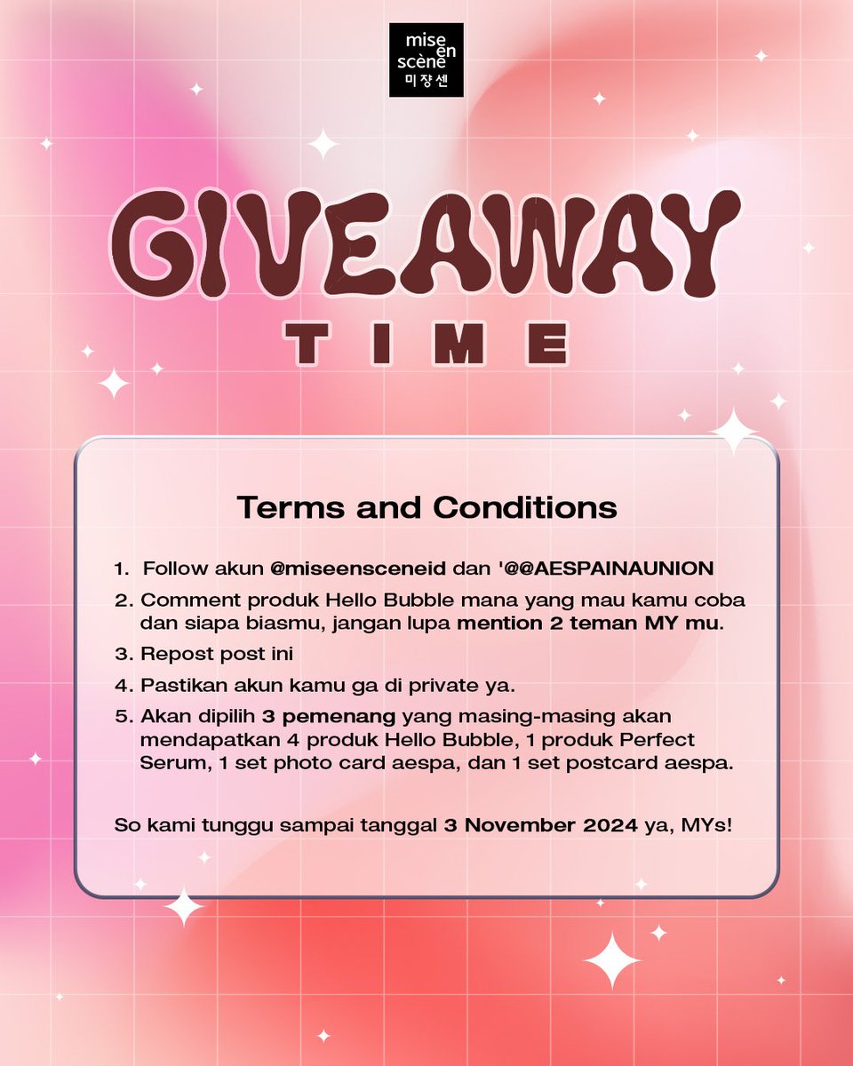 AESPAINAUNION's tweet image. mise en scène x @AESPAINAUNION 

📢 GIVEAWAY TIME 

MYne, ayo ikutan giveaway yang di adain kita sama @miseenscene_id buat dapetin produk cantik dari mise en scène! 👋🏻 ada banyak banget loh hadiahnya~

4 produk Hello Bubble ✅️
1 produk Perfect Serum ✅️
1 set Photocard aespa…