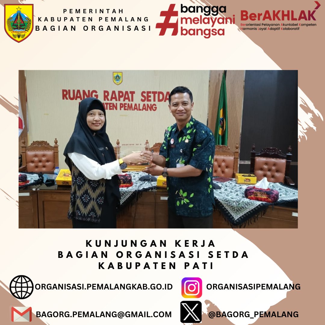 Jum’at tanggal 25 Oktober 2024, Bagian Organisasi Setda Kabupaten Pemalang bersama Badan Kepegawaian Daerah Kabupaten Pemalang menerima kunjungan kerja berbagi pengalaman dan pengetahuan dari Bagian Organisasi Setda Kabupaten Pati