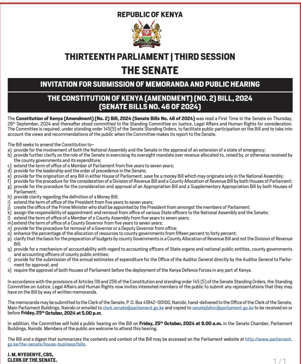 --- 

📢 Public Participation Update 📢 

Thank you for the overwhelming response on The Constitution of Kenya (Amendment) (No 2) Bill ,2024. Due to high volumes of submissions, our email system has temporarily experienced issues.