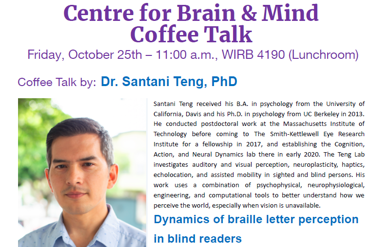 Centre for Brain and Mind (<a href="/BMI_WesternU/">Western Centre for Brain and Mind</a>) coffee talks are on a roll! Last week we heard about the esteemed <a href="/ejmuraki/">Emiko Muraki</a>'s research on object imagery and aphantasia. And today we have <a href="/echodislocation/">Santani Teng</a> talking about Braille letter perception.
