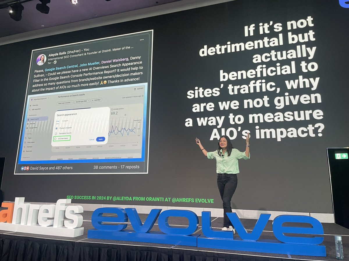 If AIO results are beneficial to site traffic, could we please have this in our search consoles?

Preach.

<a href="/aleyda/">Aleyda Solis 🕊️</a> <a href="/ahrefs/">Ahrefs</a>
#AhrefsEvolve #SEO