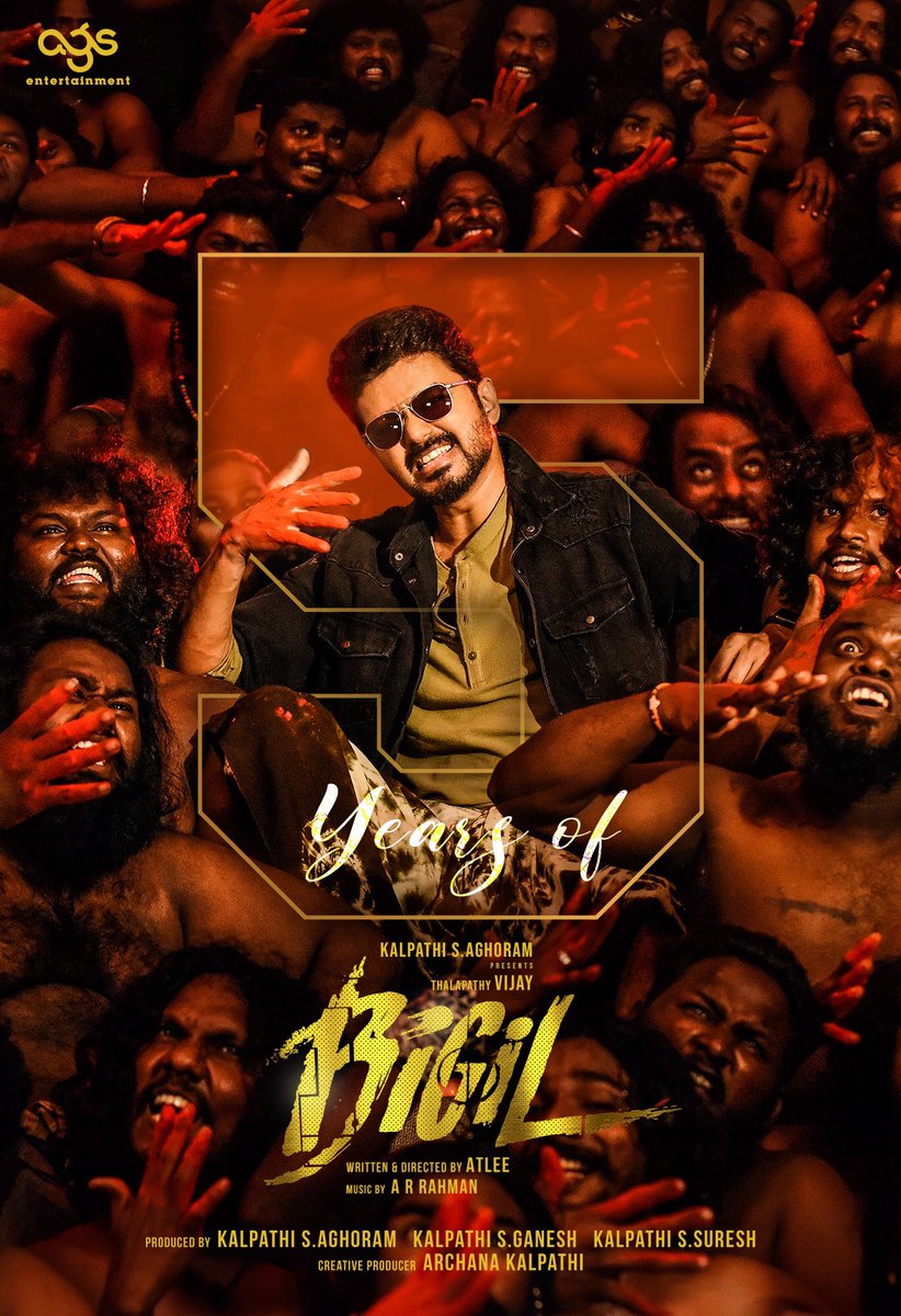 Ags_production's tweet photo. Celebrating 5 Years of ‘Bigil’!🤩🔥 Thalapathy’s Roar Echoes!😍

Watch ‘5 Years Of Bigil’ Promo ▶️ : https://t.co/xKX0IbnRX2

#KalpathiSAghoram 
#KalpathiSGanesh
#KalpathiSSuresh

@actorvijay @Atlee_dir @arrahman @Screensceneoffl @SonyMusicSouth @archanakalpathi https://t.co/tEytzUQtUt