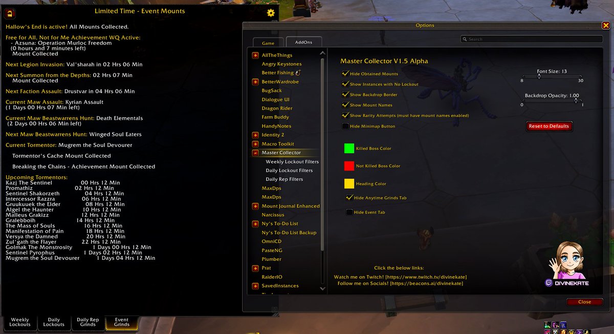 divinekate89's tweet photo. Had some folks ask, 'Are you still working on MasterCollector?'
Why yes! But good things take time ⏳
Here's a sneak peek at what's working in Alpha – still tweaking it, but I'm excited! ♥️
#WorldOfWarcraft #WoWAddon #GameDev https://t.co/aPOXmFElFK