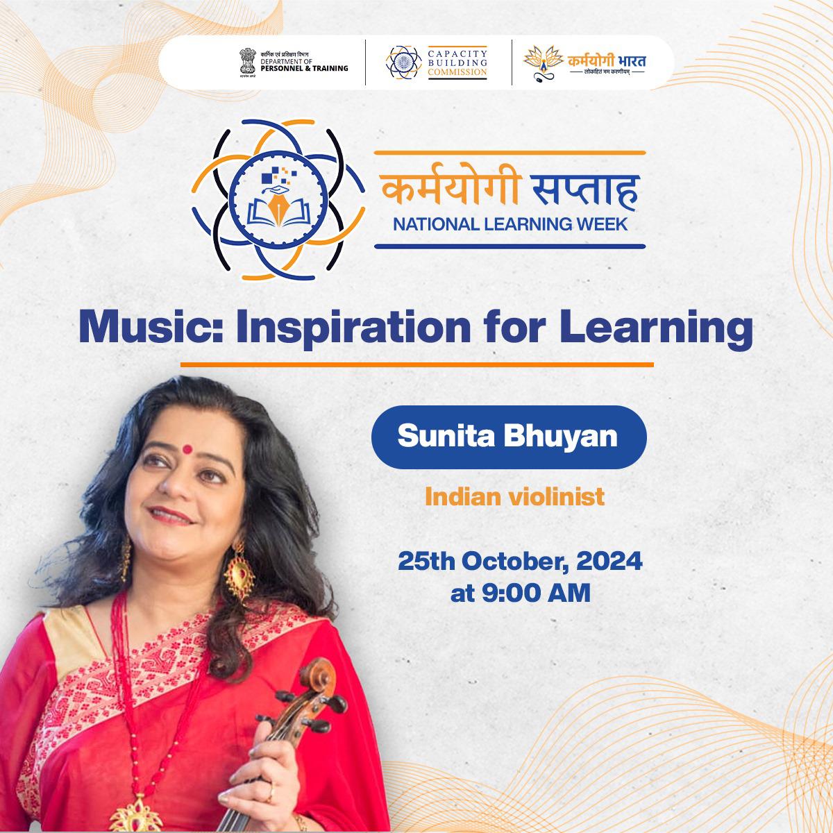 iGOTKarmayogi's tweet photo. Join the #KarmayogiSaptah Webinar at 9 AM!

Listen to @sunitaviolin, a trained violinist and HR professional, as she explores the topic, ‘Music: Inspiration for Learning’, &amp; how music can spark creativity and innovation in the workplace.

🔗 Watch live: https://t.co/GCKryy26Eg https://t.co/Jtzsof2Tbu