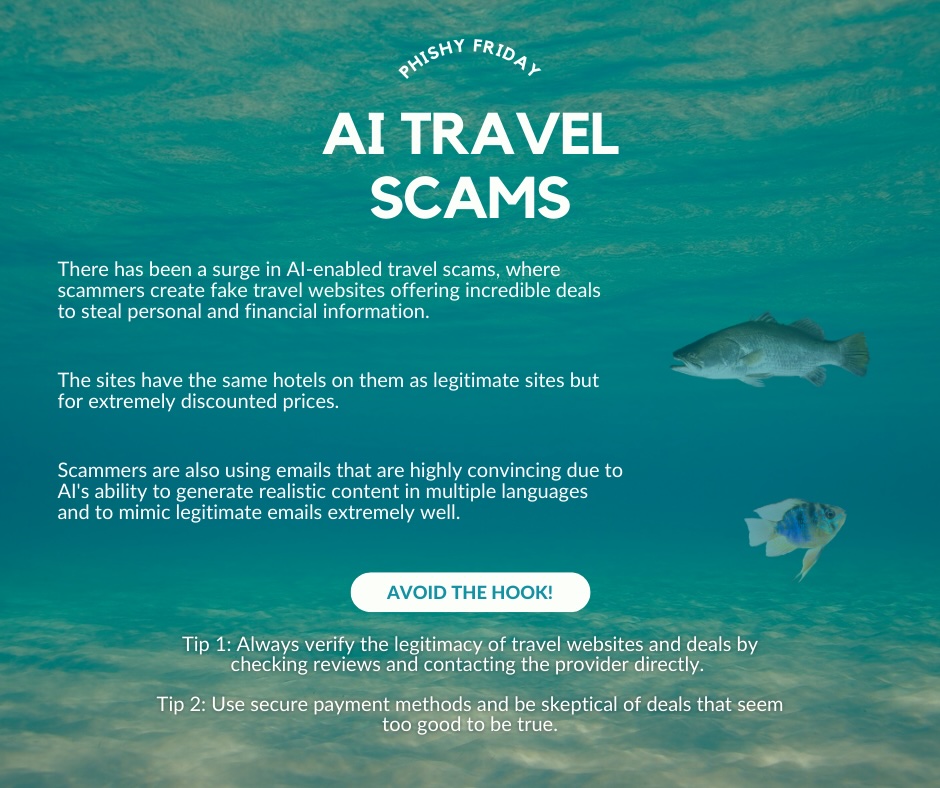 V3Global's tweet photo. Cybercriminals are taking travel scams to a new level by using artificial intelligence to generate extremely realistic scam websites and messages. #PhishyFriday  #travel #v3locityglobal https://t.co/V33KlNybAT