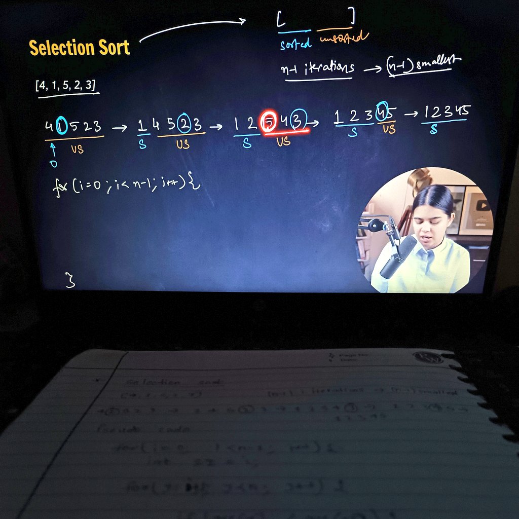 dev_nitishkumar's tweet image. Day 23: Learned Sorting Algorithms with Shradha Ma’am!
Today I got a deep dive into Bubble Sort, Selection Sort, and Insertion Sort. 🚀
#DSA #Sorting #BubbleSort #SelectionSort #InsertionSort #ApnaCollege