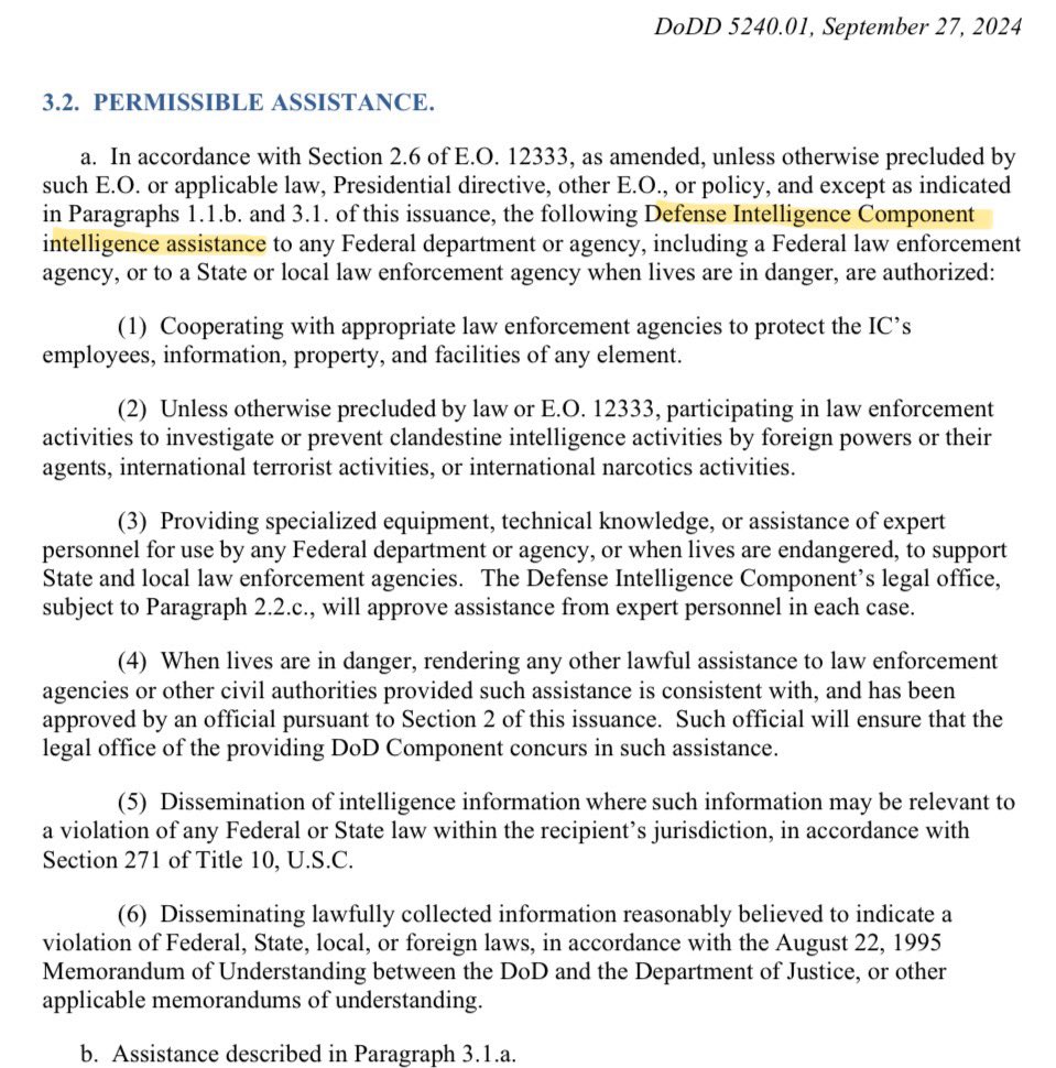 Steve16823's tweet photo. @MAC_Arms @PeteButtigieg No, 5240.01 is clearly about providing DOD intelligence to assist civil law enforcement authorities. The section you copied doesn’t authorize the use of lethal force, it only says that the potential for lethal force must be considered when deciding whether to offer assistance. https://t.co/LcMECKiZjI