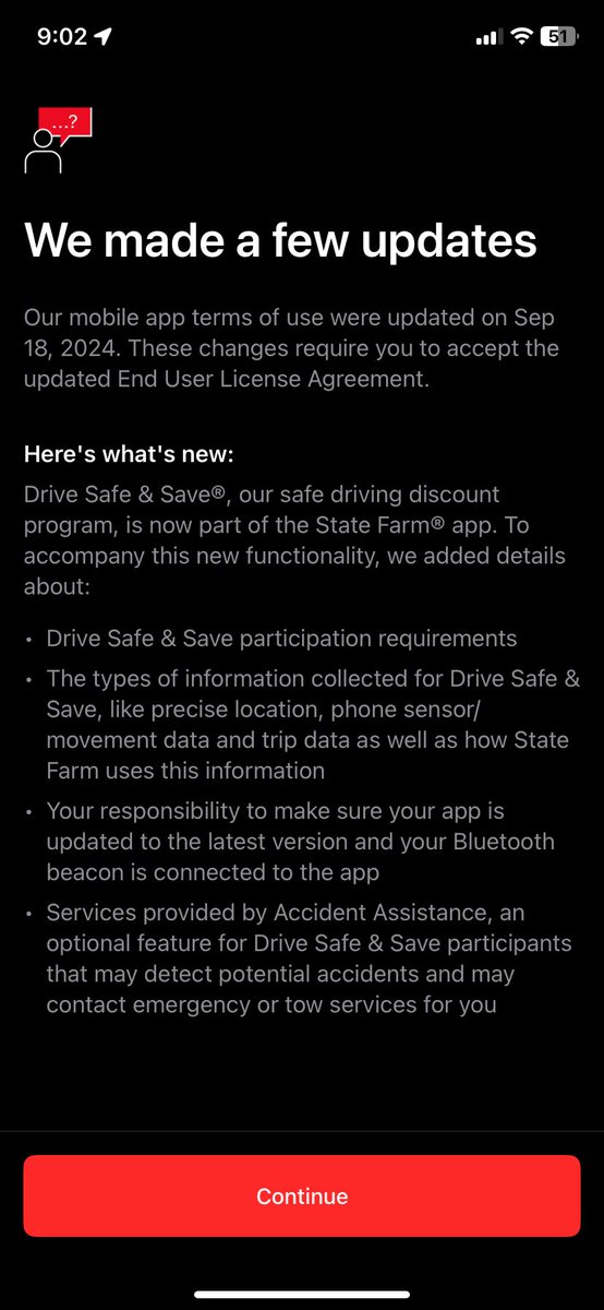 Glenn Irey (@ireyglenn) on Twitter photo Are you kidding me with this <a href="/StateFarm/">State Farm</a>? The app update FORCES you to allow all of the Drive Safe data tracking?? After 20 years, this honestly might be my final straw with you guys. Are you kidding me with this <a href="/StateFarm/">State Farm</a>? The app update FORCES you to allow all of the Drive Safe data tracking?? After 20 years, this honestly might be my final straw with you guys.