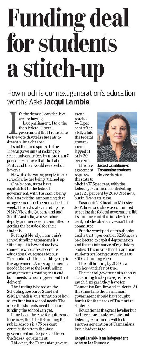 Thank you to Senator Jacquie Lambie for fighting for public school funding on behalf of Tasmanian students and teachers! #auspol #politas