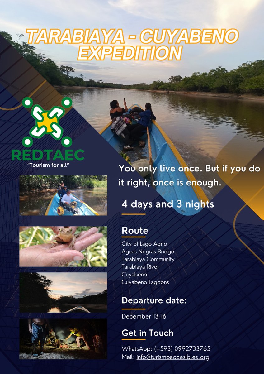 Red de Turismo Accesible Ecuador♿ (@inclusiveroutes) on Twitter photo FRIEND: LIKE, SHARE, COMMENT, SUBSCRIBE: youtube.com
#REDTAEC: It proposes the “I expedition TO TARABIAYA AND CUYABENO FOR EVERYONE”
More than a walk; an inclusive and UNIQUE experience LIKE YOU!
December 13–16-2024
info@turismoaccesibleec.org
WhatsApp:+5930992733765 FRIEND: LIKE, SHARE, COMMENT, SUBSCRIBE: youtube.com
#REDTAEC: It proposes the “I expedition TO TARABIAYA AND CUYABENO FOR EVERYONE”
More than a walk; an inclusive and UNIQUE experience LIKE YOU!
December 13–16-2024
info@turismoaccesibleec.org
WhatsApp:+5930992733765
