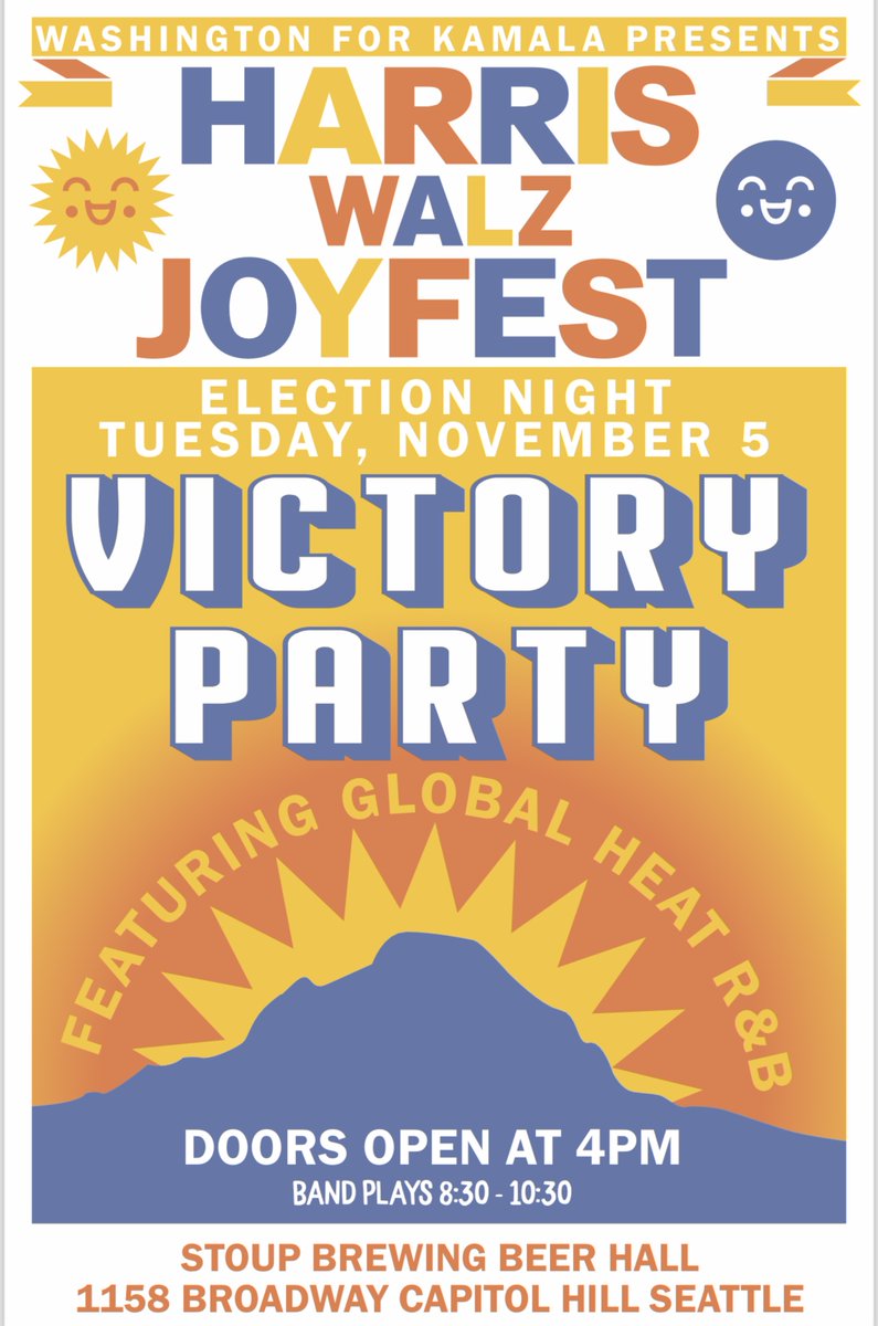 WAforKamala's tweet photo. Hey everyone! Our Victory Night JoyFest poster is hot off the press &amp; and it’s a beauty!!

She’s got this &amp; we’re going to CELEBRATE #47 with Global Heat R&amp;B!

Take a look! 😍

#HarrisWalzLandslide
#KamalaHarris2024 https://t.co/8dLMqcJJ9M