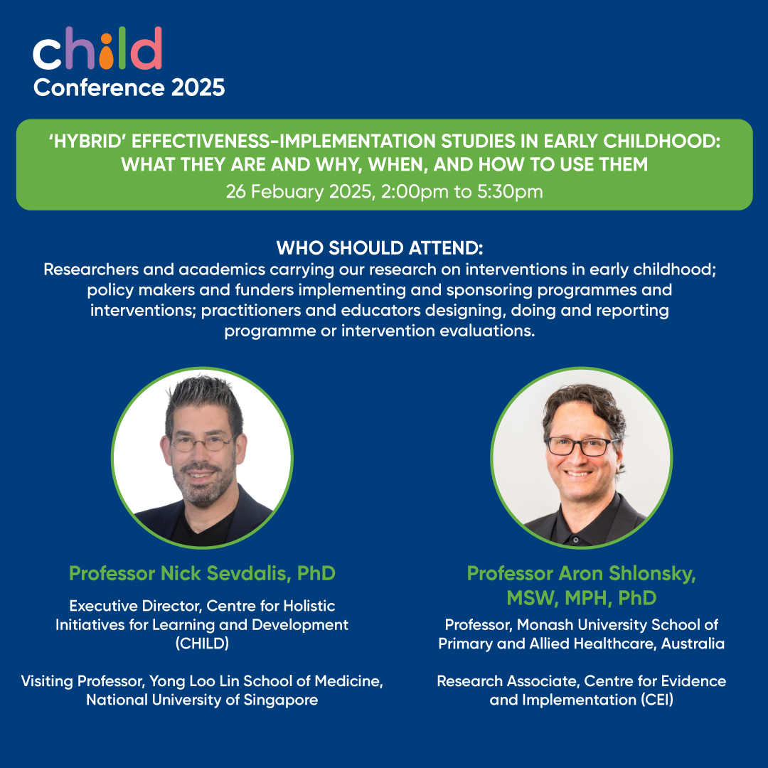 CHILD (@thechildsg) on Twitter photo childconference.com/2025-programme
Join us for two dynamic workshops:
🚀Workshop 1: Learn the fundamentals of implementation science to improve services for children and families.
💡Workshop 2: Discover evaluation methods that assess program delivery and effectiveness in early childhood. childconference.com/2025-programme
Join us for two dynamic workshops:
🚀Workshop 1: Learn the fundamentals of implementation science to improve services for children and families.
💡Workshop 2: Discover evaluation methods that assess program delivery and effectiveness in early childhood.