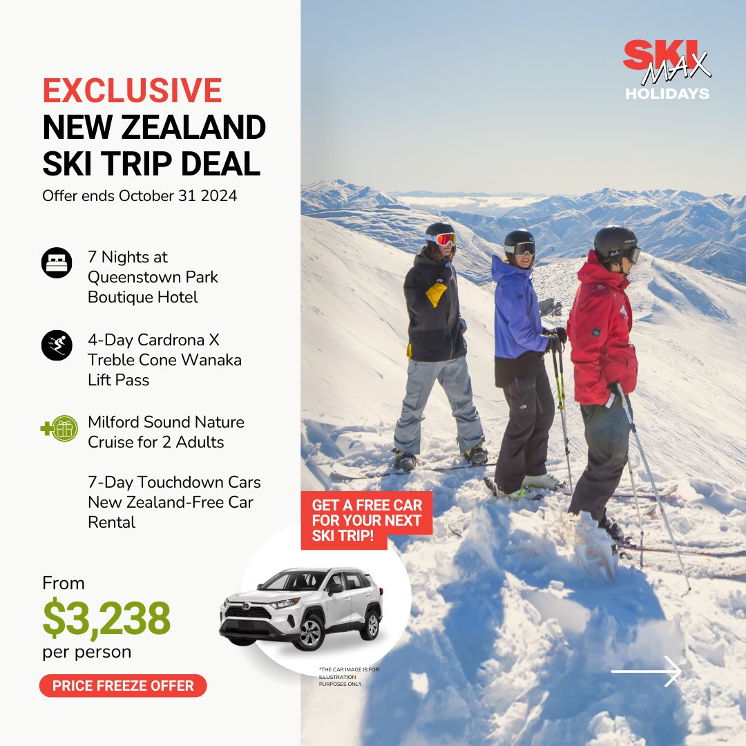 skimaxholidays's tweet photo. 🚨 Exclusive Deal Alert! Stay at one of Queenstown's most sought-after hotel and get a FREE 7-day car rental 🚗
 
Hurry! This offer ends October 31, 2024! Grab it while it is still available! ⛷️
 
📧 skimax@skimax.com.au
☎️ (02) 9267 1655
 
#skimaxholidays #newzealand #NZski https://t.co/uvaXkQQcsJ
