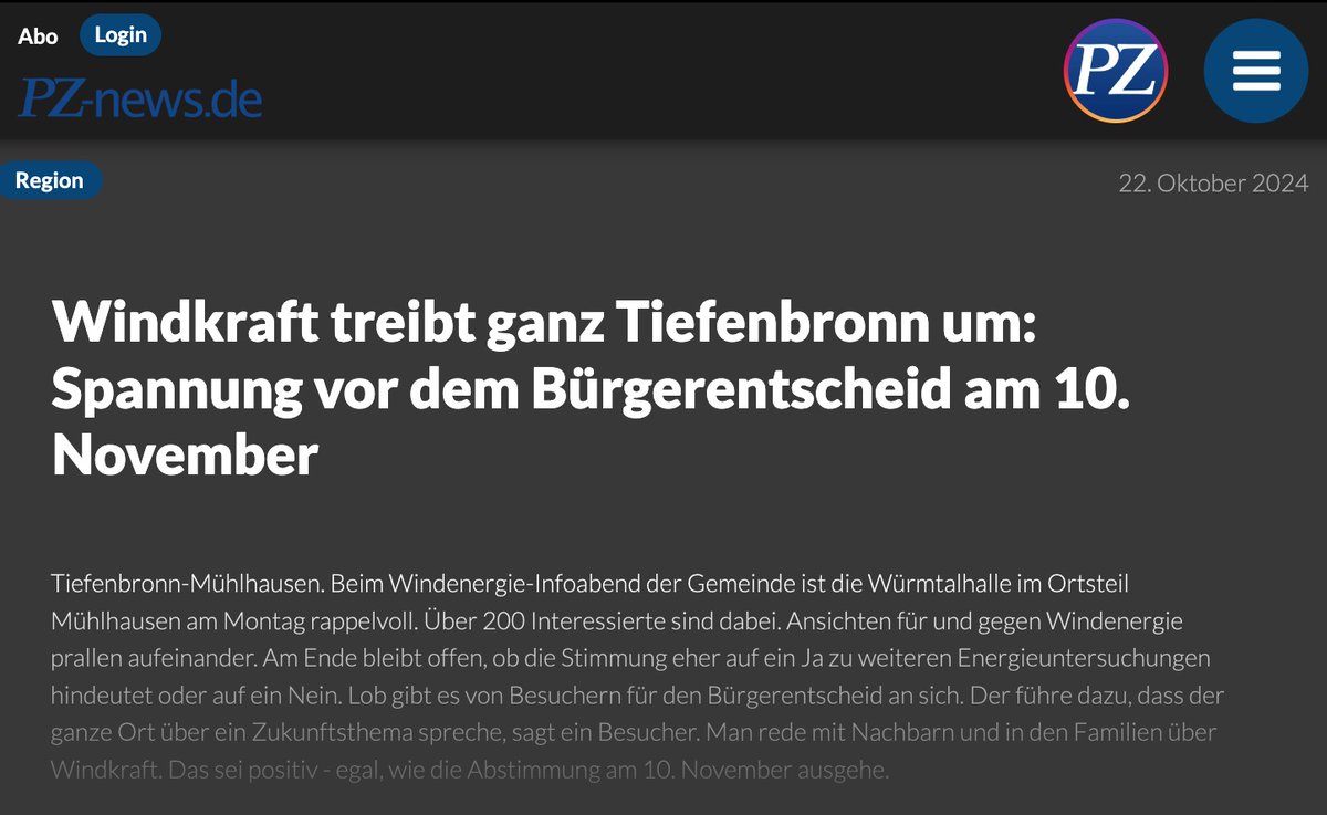 MeckerL's tweet photo. Moin :)
Heute gab`s mal was zum #Schmunzeln ...
... kommt ja selten vor ;)
#Windkraft treibt ganz #Tiefenbronn um ... 
schreibt die #PZ
Naja..., jeder #normale #Mensch im #OT #Tiefenbronn, der sich #regelmässig draussen aufhält und die #Umgebung #kennt, schüttelt nur den Kopf :) https://t.co/hdiaTTMEzY