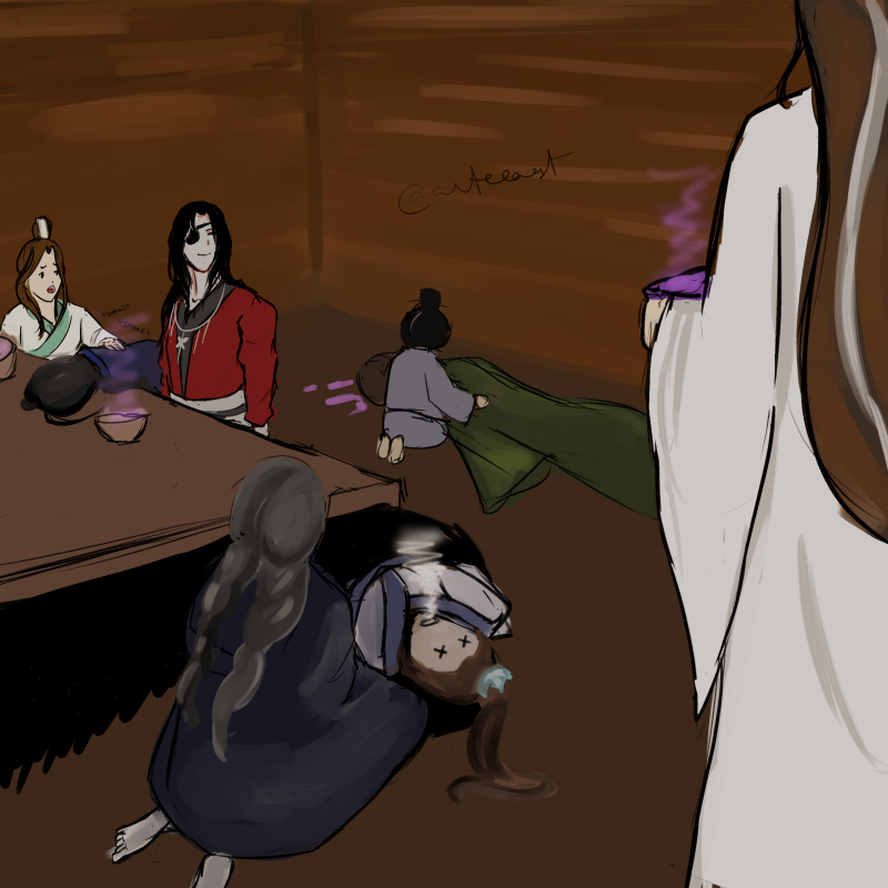 arteeaast's tweet photo. #MXTXtober Day 24 : Food

Meal cooked by Xie Lian at the Puqi shrine. 3 injured, 4 dead. Though the dead ones were technically dead before the meal.

Thanks to @jamiesketches  for hosting 🙌 https://t.co/LeAgp61PCv
