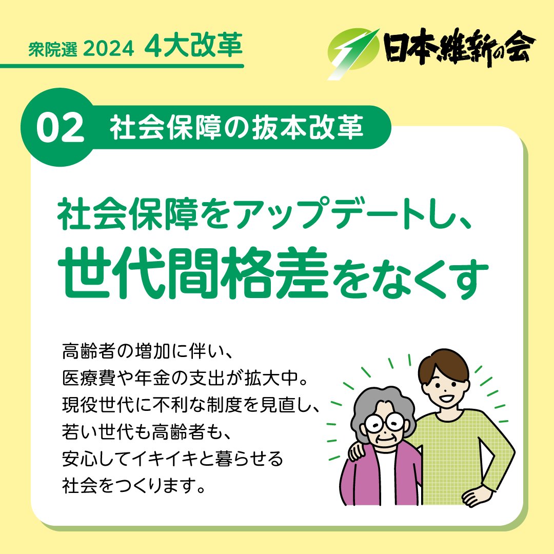 osaka_ishin's tweet photo. ||◤ 投票前 これだけチェック ◢||

その②
👉維新が掲げる #4大改革

維新は何をしてくれるの？
生活をどう変えてくれるの？

維新のマニフェストを分かりやすく解説！
投票前にぜひ改めてチェックしてください👀

#日本維新の会
#比例は維新
#古い政治を打ち破れ
#衆院選2024 https://t.co/hIolYaduHz
