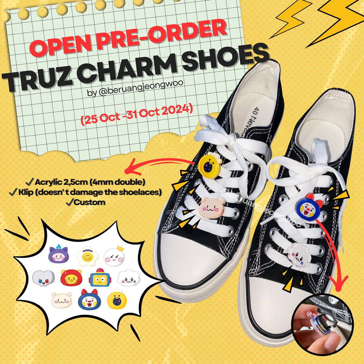 beruangjeongwoo's tweet photo. 🧸OPEN PO TRUZ CHARM SHOES 🧸

Halow aku Open PO Charm shoes yang tidak akan merusak tali sepatu dan bisa custom pakai gambar dari kalian sendiri ya🥰

🗓️ Periode PO 25-31 Oktober 2024 
SLOT TERBATAS ‼️

Form order &amp; details:
https://t.co/6TYCgNIyBX

tag treasure wts want to sell https://t.co/8wRlgvjb05
