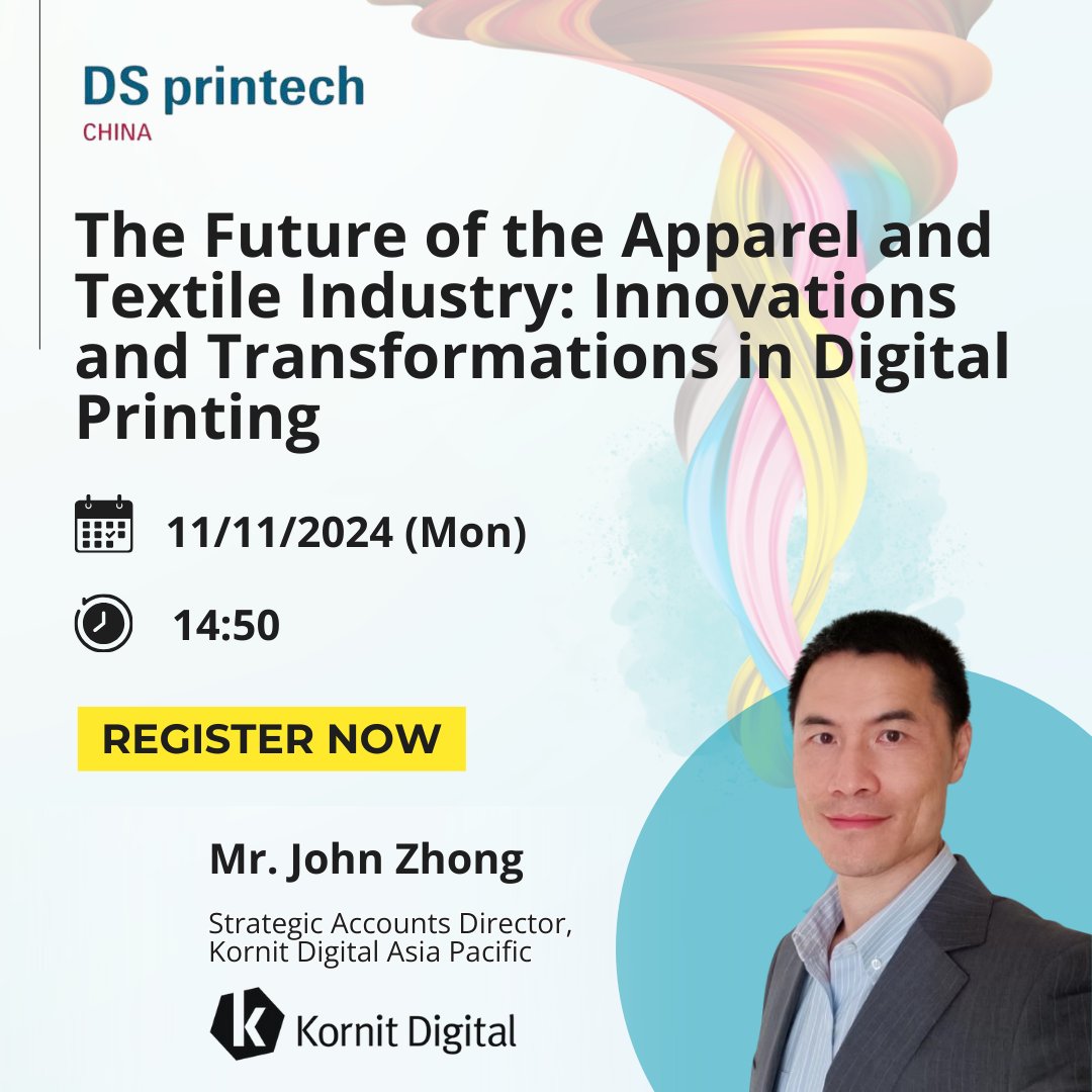 DSPrintech's tweet image. Join us for an enlightening seminar by Kornit Digital on the latest industry trends in digital printing for apparel and textiles. Register: tinyurl.com/bdn6uu2b
📅 Date: 11 - 13 November 2024
🕒 Venue: Hall 10.1 - 11.1, China Import and Export Fair Complex, China