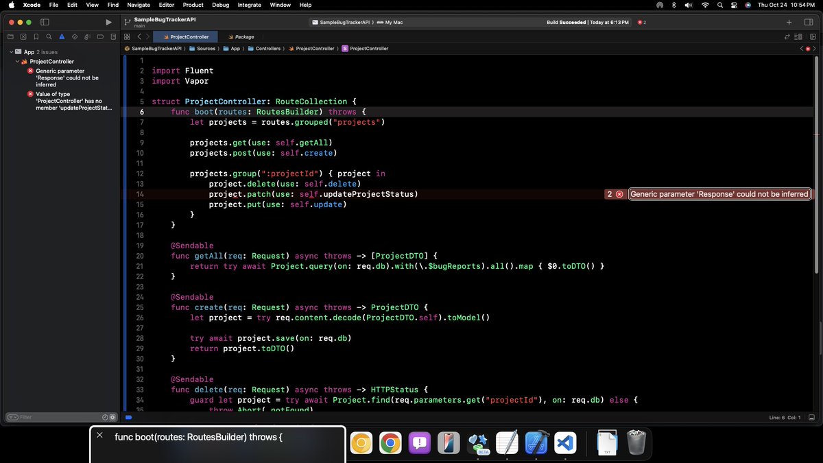 __JoshuaJRoot__'s tweet image. Sure, there are some errors, but I'm not done with the controller yet. It's a work in progress. Building this for my backend to reach out to for my tutorials on network requests for macOS, iOS and SwiftUI
#Vapor #Swift #ServerSideSwift #iOS #MacOS #SwiftUI