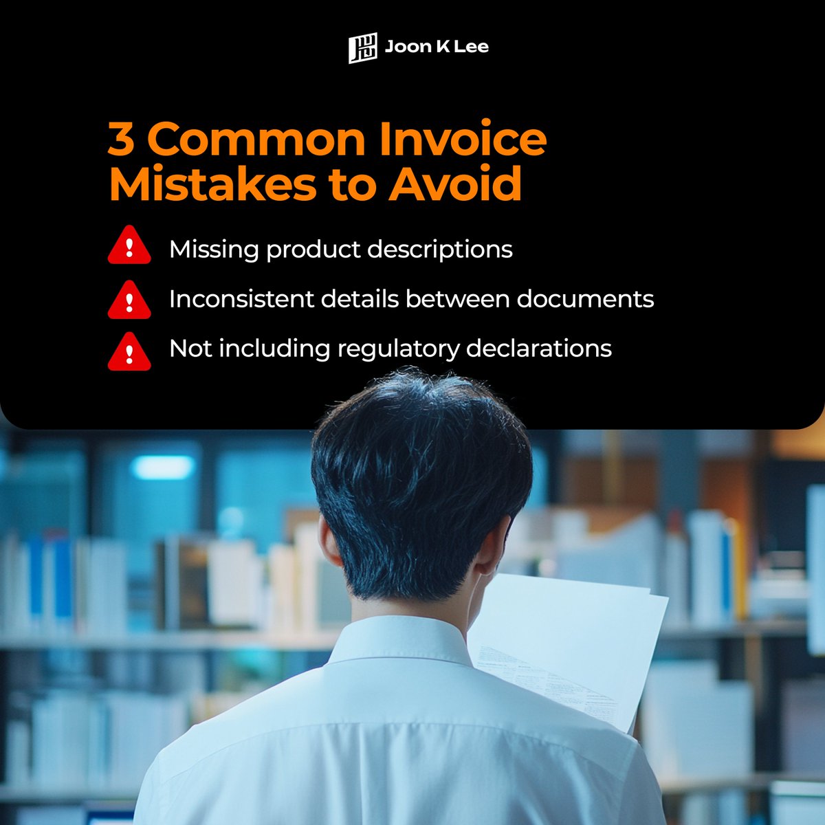 itsjoonklee's tweet image. 🚨 Avoid These Common Invoice Mistakes

Top mistakes to avoid:

- Missing product descriptions
- Inconsistent details between documents
- Forgetting regulatory declarations

Double-check your invoice to avoid delays!

#InvoiceErrors #TradeTips #BusinessMistakes