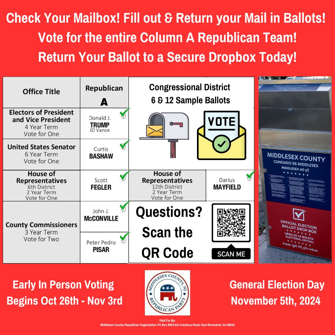 MIDDLESEXGOPNJ's tweet image. The Polls Are Now Open! Make A Plan to Vote!
Early In Person Voting Starts Today!

10AM-8PM 🗳️🗳️🗳️

Don't wait until Nov. 5th (Election Day) to cast your vote in New Jersey - Skip the line and vote early in person through November 3rd!

#bankyourvote
#swampthevote