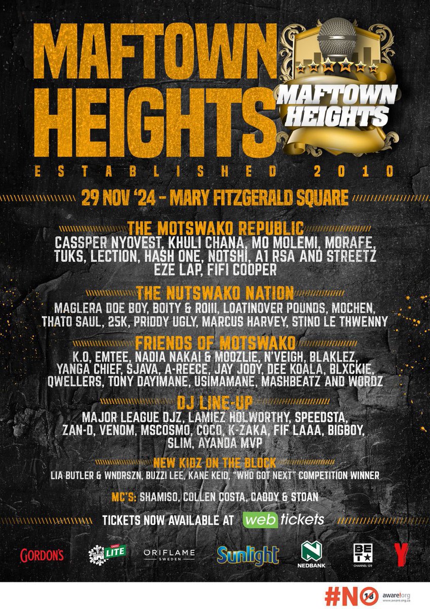 🚨THE OFFICIAL MAFTOWN HEIGHTS 2024 LINE UP🚨

Come and witness the hottest artists and DJ’s on stage, curated by Khuli Chana &amp; Maglera Doe Boy! Let’s link up at Mary Fitzgerald Square on Friday the 29th of November, doors open at 2PM 🔥

Phase 1 tickets are only available until