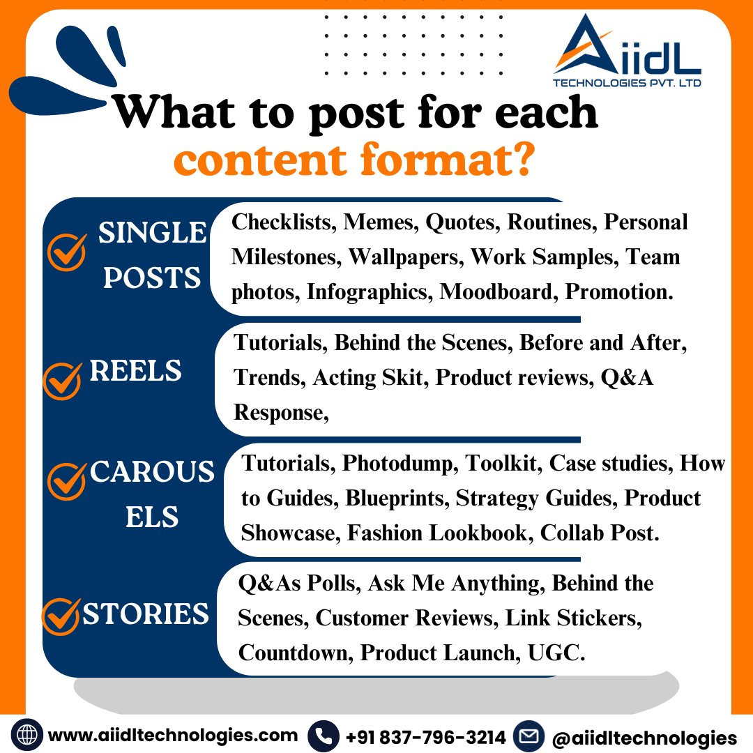 What to post for each content format?
>>SINGLE POSTS
>>REELS
>>CAROUSELS
>>STORIES

☎: +91 8377963214
📧 : info@aiidltechnologies.com
🌍 :aiidltechnologies.com

 #ContentStrategy #DigitalMarketing #SocialMedia #socialmediaposterdesign #BrandAwareness #aiidltechnologies