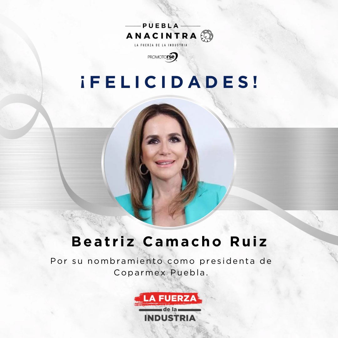 A nombre de #CANACINTRAPuebla y nuestro presidente <a href="/SoyCarlosSosaMx/">Carlos Sosa</a>, felicitamos a <a href="/BetyCamachoRuiz/">Beatriz Camacho</a>, por ser elegida como la primera presidenta de <a href="/CoparmexPuebla/">COPARMEX Puebla</a>. 

Deseamos éxito en esta gran etapa y reiteramos todo nuestro apoyo para trabajar juntos como cámaras y seguir