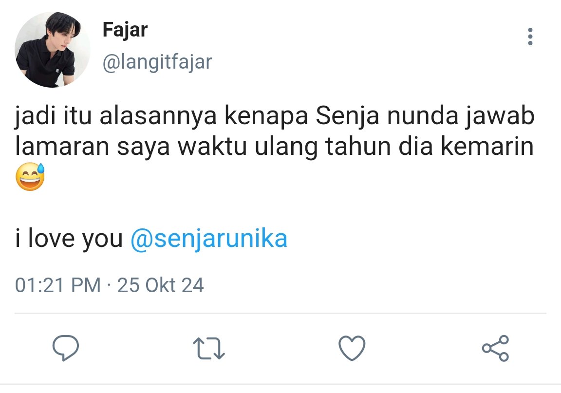 clounja's tweet photo. —2min two tweet

Keisengannya Senja di ulang tahun Fajar. Sengaja nunda jawab lamaran dan bikin anak orang ketar ketir https://t.co/y88EIkoGpA