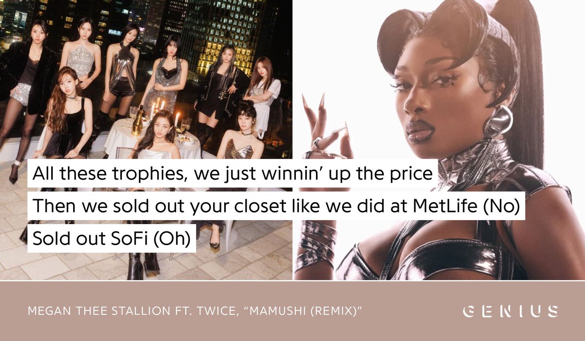 Genius_kor's tweet photo. Megan Thee Stallion (@theestallion) has released a remix of her viral hit “Mamushi” featuring TWICE (@JYPETWICE) featuring brand new lyrics! Check them out on Genius now! 

#TWICEXHOTGIRLCOACH #MamushiRemix #TWICE #MEGAN 

🔗 https://t.co/Xp4TweozqP https://t.co/87DE2FOyQh