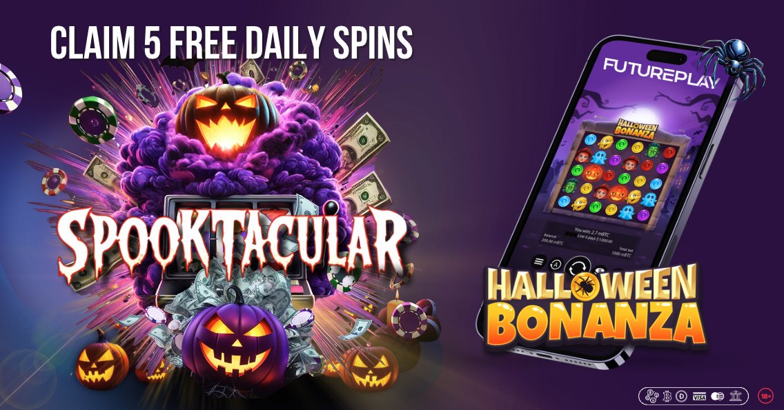 FuturePlay_com's tweet photo. 💀 Daily Bonus Alert! 💀

As a part of the Spooktacular Halloween event at FuturePlay, we have a little treat for you 👻

Spin your way to 5 FREE SPINS every day on a different Halloween slot! 🎰(Eligibility: Make 1 real bet in October to unlock this bonus.)

🍬 Follow @FuturePlay_com on X and Instagram for daily slot announcements

🎃 First slot up: Halloween Bonanza - @BGamingO

5 Free Spins will be credited the day after it becomes the featured title!

https://t.co/Mq3JOU7pPf