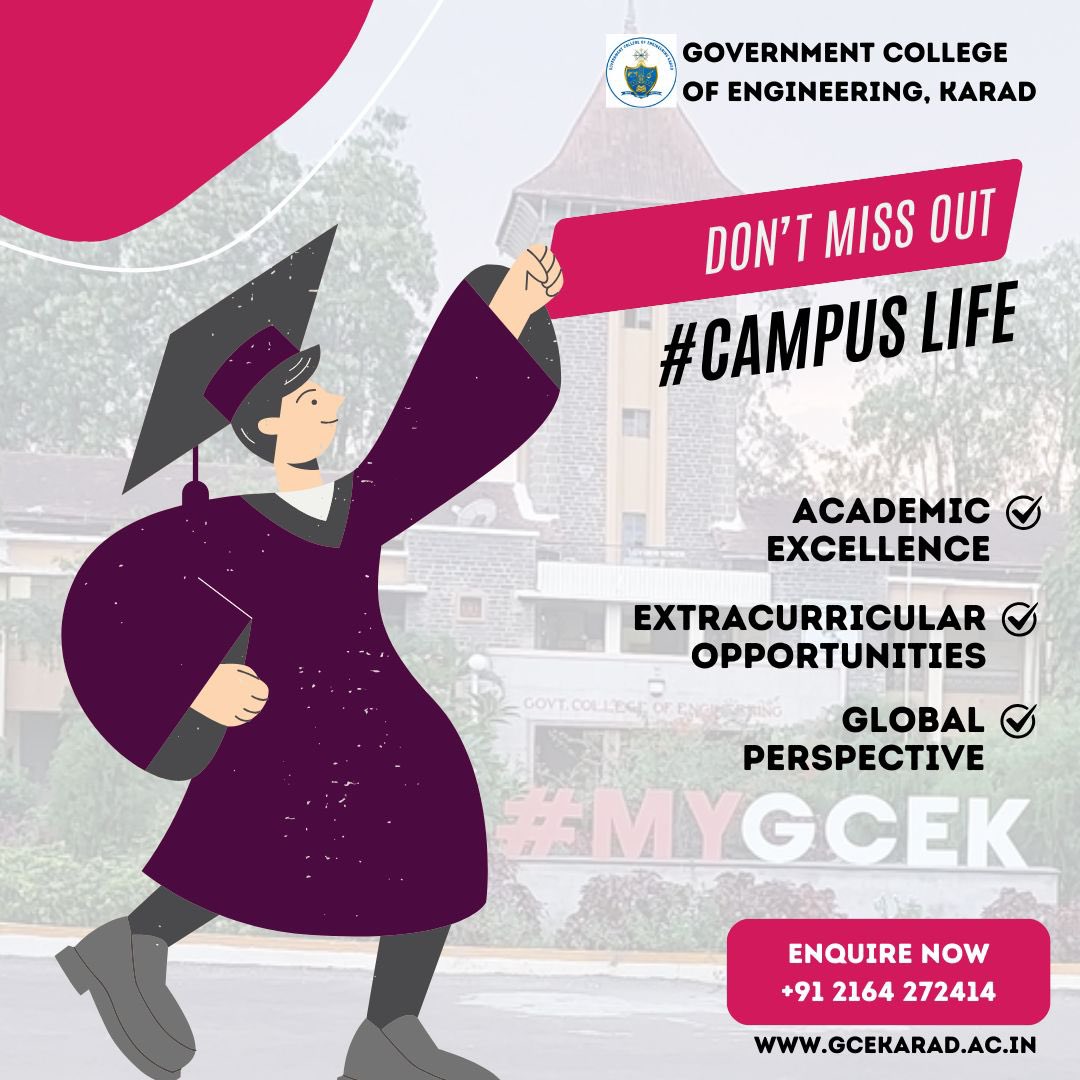 GceKarad's tweet photo. GCE, Karad, offers a vibrant and enriching campus life that fosters academic excellence and personal growth. The college's picturesque campus, coupled with its strong academic programs and extracurricular activities, creates a conducive environment for students to thrive. https://t.co/Pgs1q7r3Se